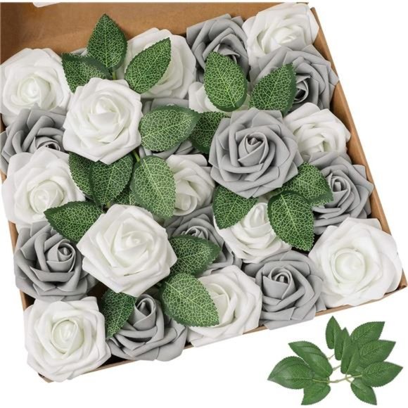 Artificial Flower White Grey Rose 25pcs Real Looking Fake Roses w/Stem for DIY - Picture 1 of 6